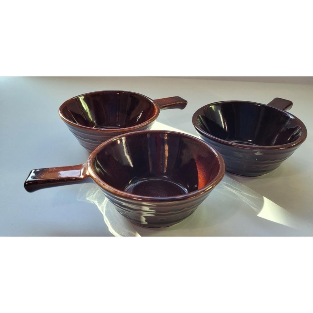 Vintage Marcrest Daisy Dot Stoneware 3 Individual Handled Soup Bowls